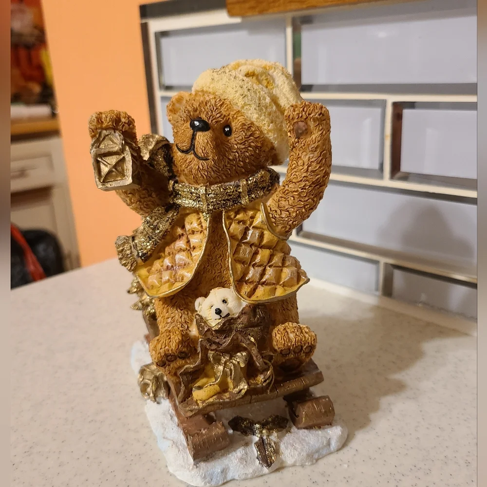 Bear and his dog on sled figurine super cute